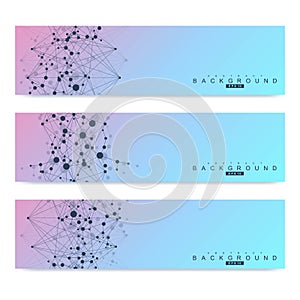 Scientific set of modern vector banners. DNA molecule structure with connected lines and dots. Science vector background