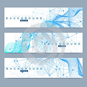 Scientific set of modern vector banners. DNA molecule structure with connected lines and dots. Science vector background