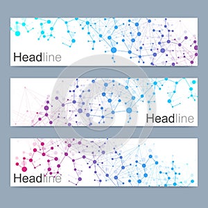 Scientific set of modern vector banners. DNA molecule structure with connected lines and dots. Science vector background