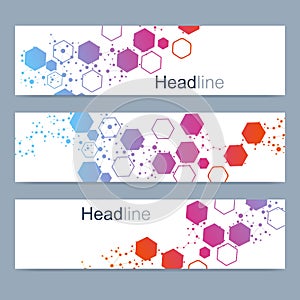 Scientific set of modern vector banners. DNA molecule structure with connected lines and dots. Science vector background