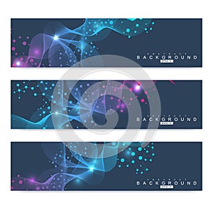 Scientific set of modern vector banners. DNA molecule structure with connected lines and dots. Science vector background