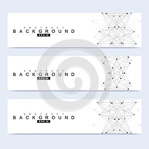 Scientific set of modern vector banners. DNA molecule structure with connected lines and dots. Science vector background