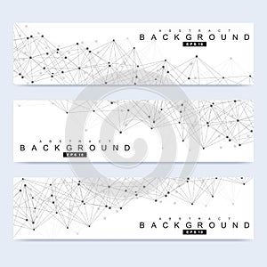 Scientific set of modern vector banners. DNA molecule structure with connected lines and dots. Science vector background