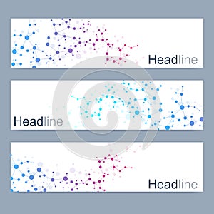 Scientific set of modern vector banners. DNA molecule structure with connected lines and dots. Science vector background