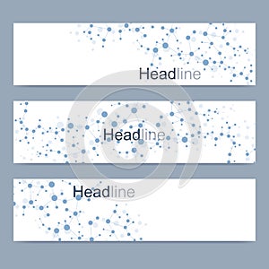 Scientific set of modern vector banners. DNA molecule structure with connected lines and dots. Science vector background