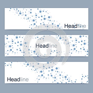 Scientific set of modern vector banners. DNA molecule structure with connected lines and dots. Science vector background