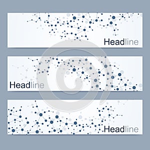 Scientific set of modern vector banners. DNA molecule structure with connected lines and dots. Science vector background