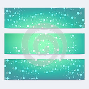 Scientific set of modern vector banners. DNA molecule structure with connected lines and dots. Science vector background