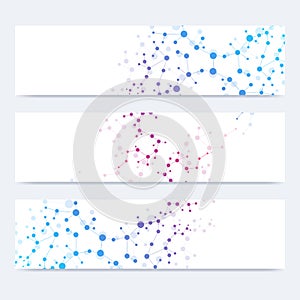 Scientific set of modern vector banners. DNA molecule structure with connected lines and dots. Science vector background