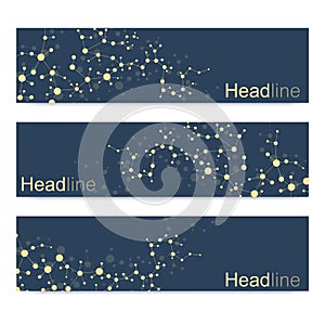 Scientific set of modern vector banners. DNA molecule structure with connected lines and dots. Science vector background