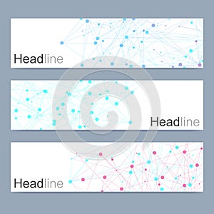 Scientific set of modern vector banners. DNA molecule structure with connected lines and dots. Science vector background