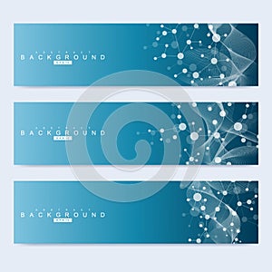 Scientific set of modern vector banners. DNA molecule structure with connected lines and dots. Science vector background