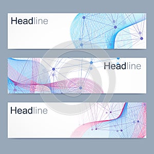 Scientific set of modern vector banners. DNA molecule structure with connected lines and dots. Science vector background