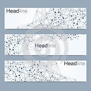 Scientific set of modern vector banners. DNA molecule structure with connected lines and dots. Science vector background