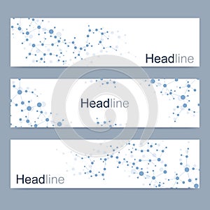 Scientific set of modern vector banners. DNA molecule structure with connected lines and dots. Science vector background