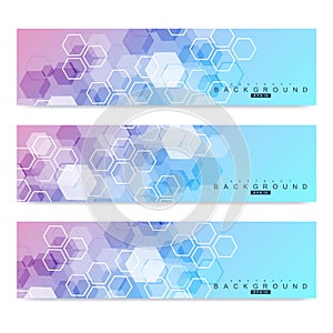 Scientific set of modern vector banners. DNA molecule structure with connected lines and dots. Science vector background