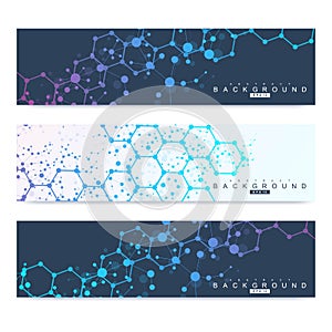 Scientific set of modern vector banners. DNA molecule structure with connected lines and dots. Scientific and technology