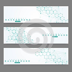 Scientific set of modern vector banners. DNA molecule structure with connected lines and dots. Scientific and technology