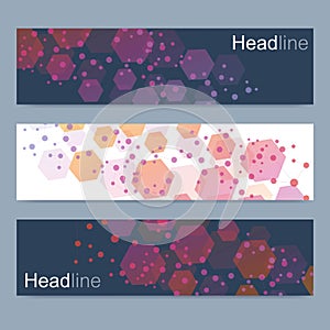 Scientific set of modern vector banners. DNA molecule structure with connected lines and dots. Scientific and technology