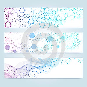 Scientific set of modern vector banners. DNA molecule structure with connected lines and dots. Scientific and technology