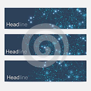 Scientific set of modern vector banners. DNA molecule structure with connected lines and dots. Scientific and technology