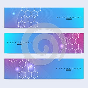 Scientific set of modern vector banners. DNA molecule structure with connected lines and dots. Scientific and technology