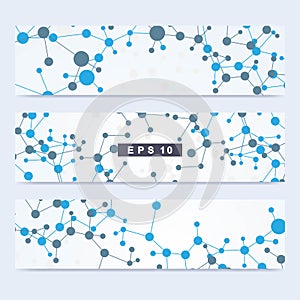 Scientific set of modern vector banners. DNA molecule structure with connected lines and dots. Scientific and technology