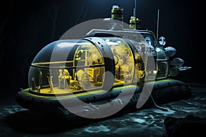 Scientific submarine exterior with lights illuminating underwater. Generative AI