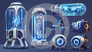 Scientific technology camera, sci-fi laboratory equipment, realistic 3D modern illustration of cryonics capsules, full