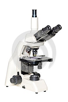 Scientific trinocular microscope with camera, image isolated on white background