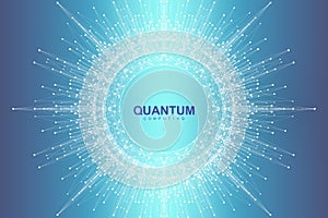 Scientific vector illustration quantum computer technology. Plexus fiction effect. Deep learning artificial intelligence