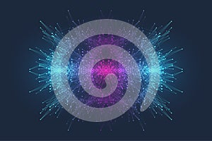 Scientific vector illustration quantum computer technology. Plexus fiction effect. Deep learning artificial intelligence. Big data