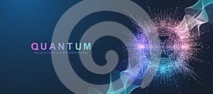 Scientific vector illustration quantum computer technology. Plexus fiction effect. Deep learning artificial intelligence. Big data