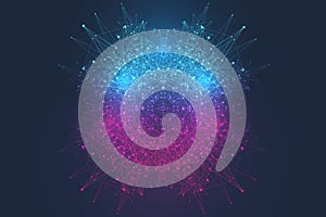 Scientific vector illustration quantum computer technology. Plexus fiction effect. Deep learning artificial intelligence