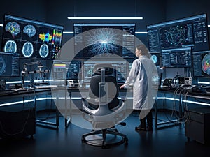 Scientist analyzing complex data in high-tech lab