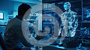 Scientist Analyzing a 3D Holographic Interface of a Humanoid Robot in a High-Tech Laboratory