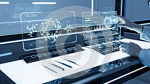 Scientist analyzing data on a futuristic transparent touchscreen interface