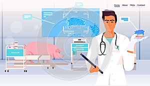 scientist analyzing dna of cultured pork meat on tablet pc screen artificial lab grown meat production concept