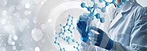 Scientist analyzing molecular structure in a laboratory setting with futuristic background