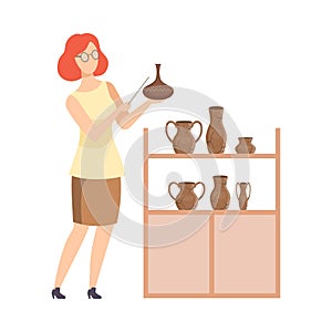 Scientist Archaeologist Examining Ancient Vessels, Tour Guide Giving Excursion at Museum Flat Vector Illustration