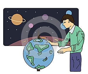 Scientist, astronomer or a geographer looks at the globe. Vector illustration, on white background.