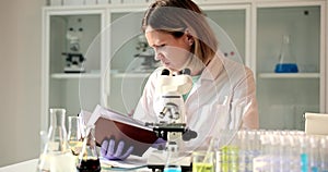 Scientist biologist checks records in science laboratory or research center