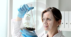 Scientist biologist geologist looks into flask with earth sprouts