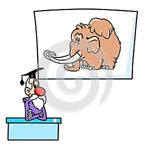 Scientist biologist research extinction mammoth poster illustration cartoon