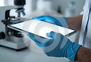 Scientist holding a tablet in a laboratory with a microscope in the background