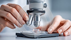 Scientist carefully adjusts a microscope in a laboratory, preparing for an experiment and research.
