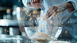 A scientist carefully measuring and adding precise amounts of particles to a mixing bowl photo