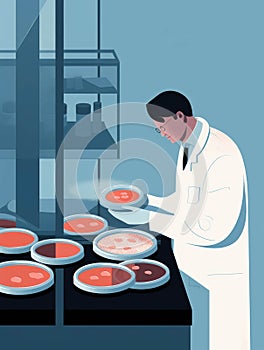 A scientist carefully monitoring a petri dish containing labgrown meat.. AI generation