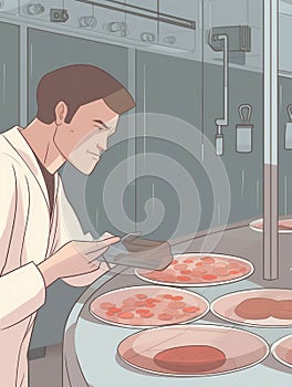 A scientist carefully monitoring a petri dish containing labgrown meat.. AI generation