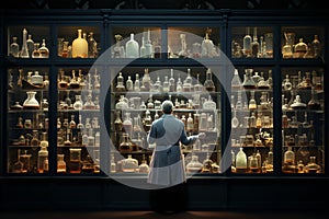 a scientist carefully selects glassware from a laboratory cabinet